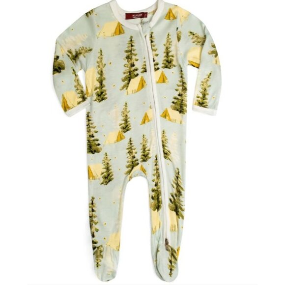 Milkbarn Kids Bamboo Zipper Footed Romper Camping Tent Print 3–6 Mos Sustainable - Picture 1 of 4